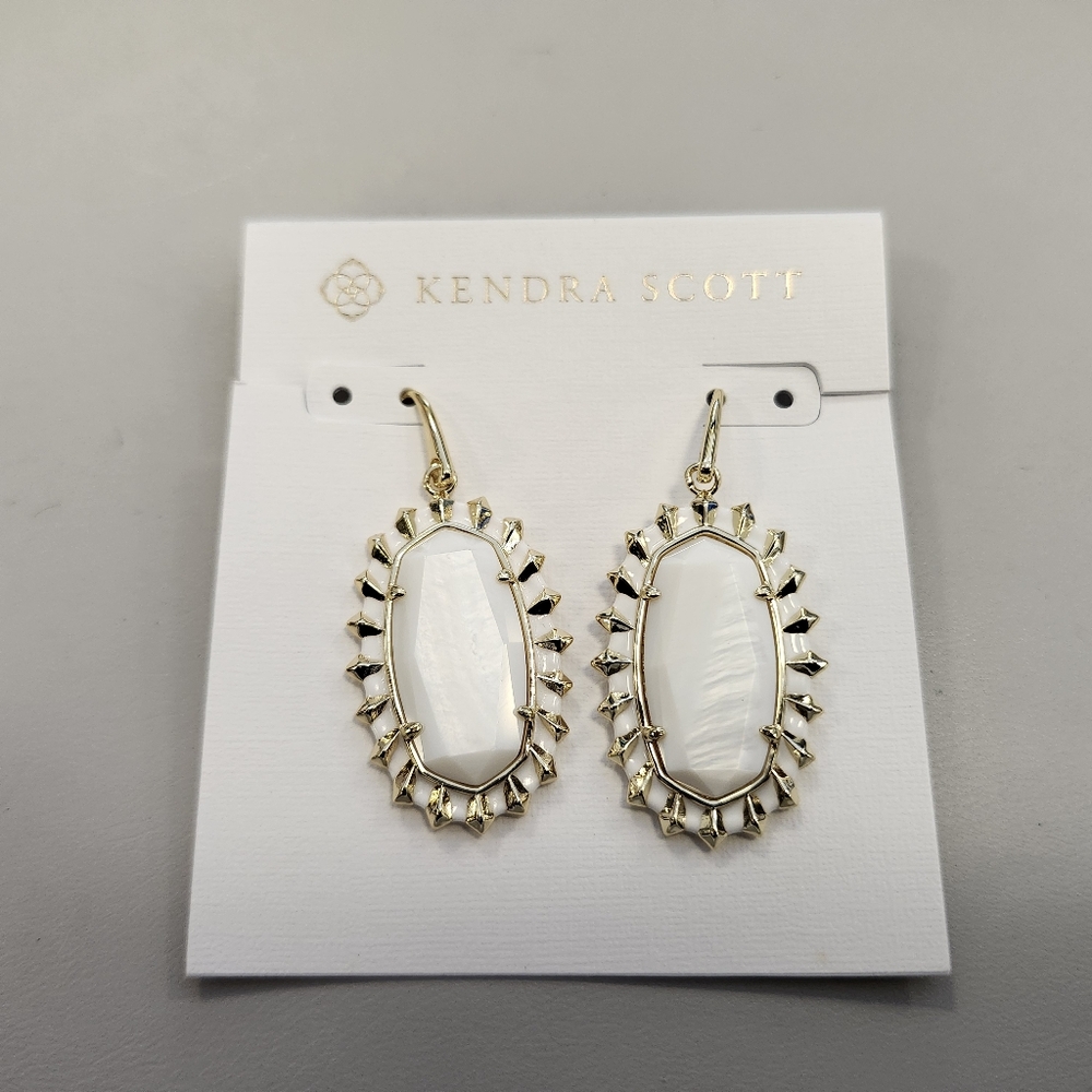 NWT Kendra Scott Gold Dani Framed Stone Drop Earrings Gold White